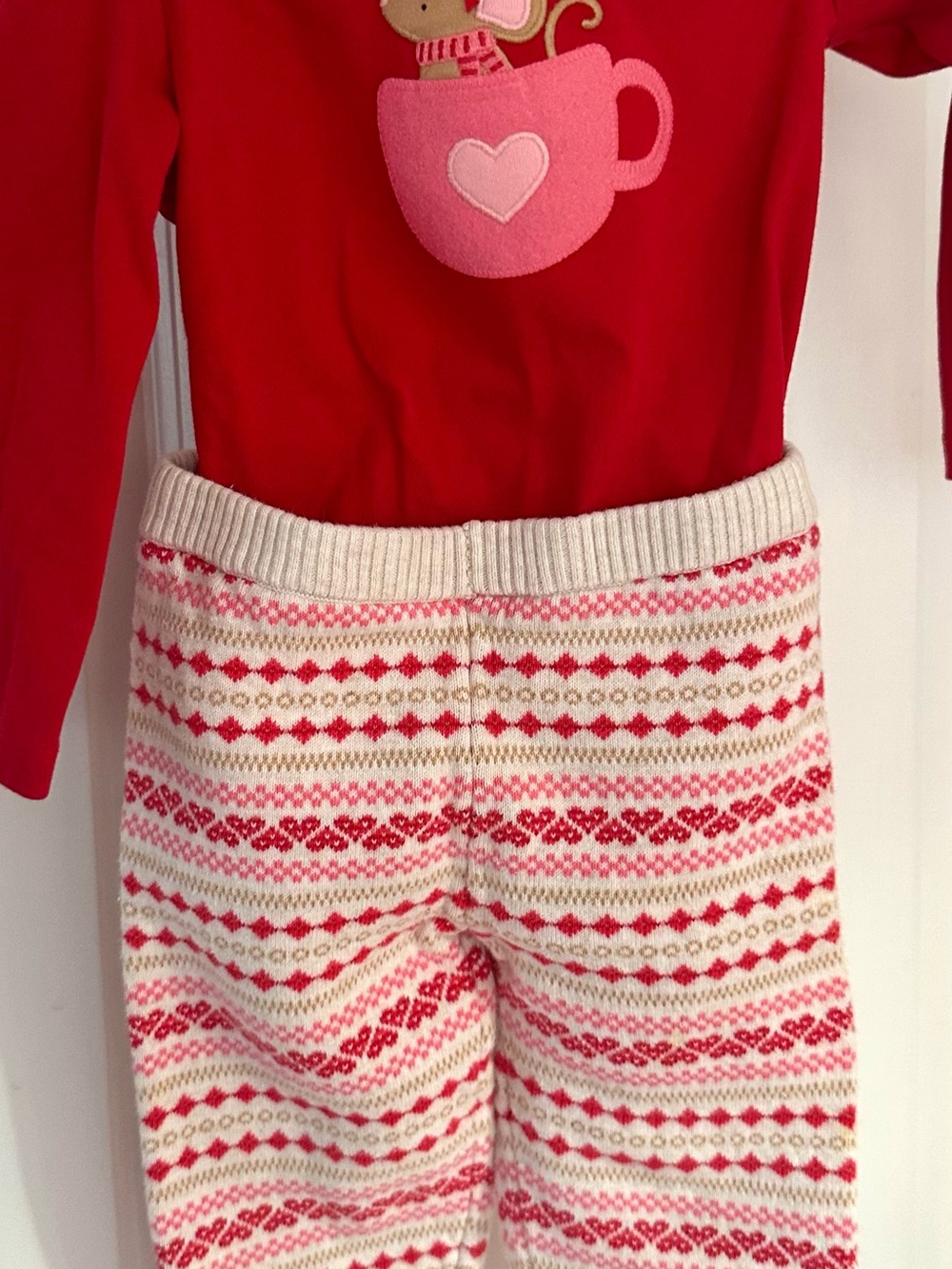 Gymboree Red Top with Pink Cup Applique and Cream Knit Fair Isle Pants